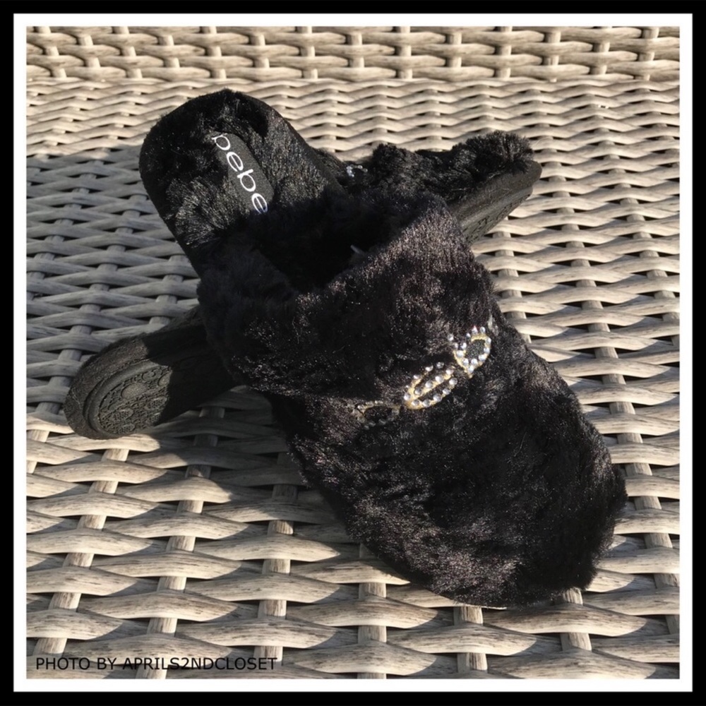 BEBE COZY PLUSH CRYSTAL EMBELLISHED SLIP ONS - Picture 2 of 7